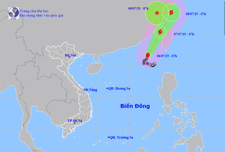Dự báo đường đi, khu vực ảnh hưởng của bão số 2 lúc 7h ngày 6/7. (Nguồn: NCHMF)
