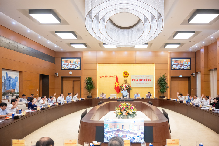Các thành viên Hội đồng Bầu cử quốc gia biểu quyết thông qua về nguyên tắc các dự thảo nghị quyết trình tại phiên họp. (Ảnh: Phạm Thắng)