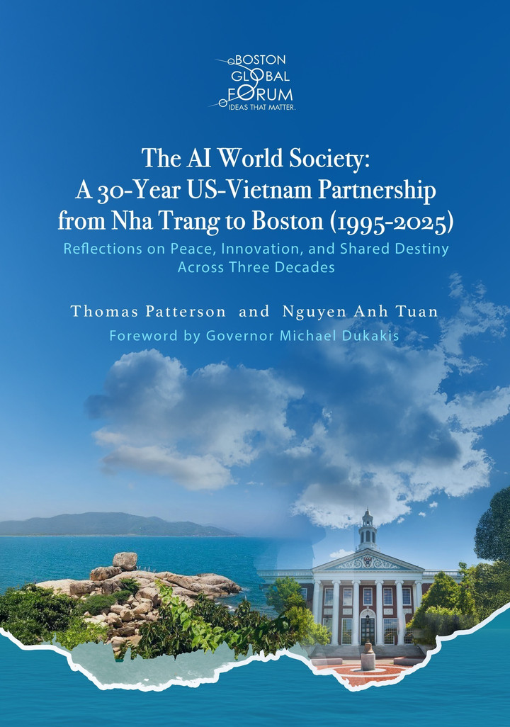 Bìa cuốn sách "Xã hội Trí tuệ nhân tạo – 30 năm Đối tác Việt - Mỹ, từ Nha Trang đến Boston (1995–2025)".