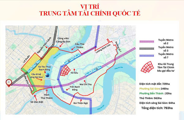 Trung tâm tài chính quốc tế TP.HCM trải rộng tại 3 phường trung tâm và sông Sài Gòn với diện tích 793 ha. (Nguồn: Sở Tài chính TP.HCM)