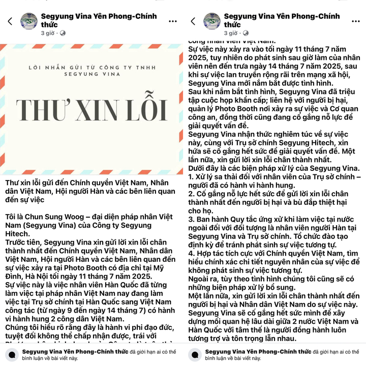 Bài đăng trên Facebook công ty Segyung Vina chiều ngày 16/7. (Ảnh: Chụp màn hình)