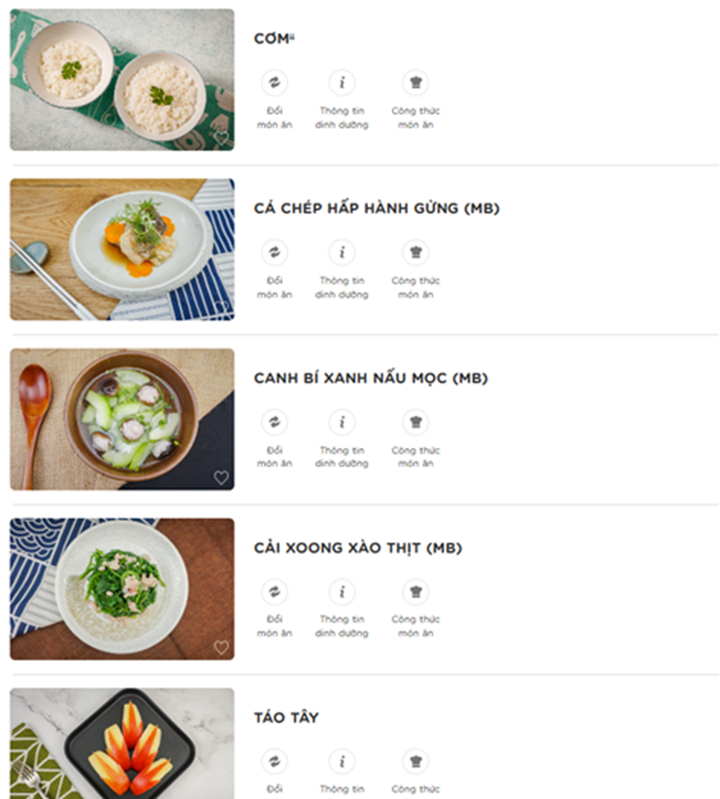 Thực đơn bữa tối Phần mềm đề xuất cho mẹ mang thai ba tháng đầu, kèm thông tin dinh dưỡng và công thức món ăn.