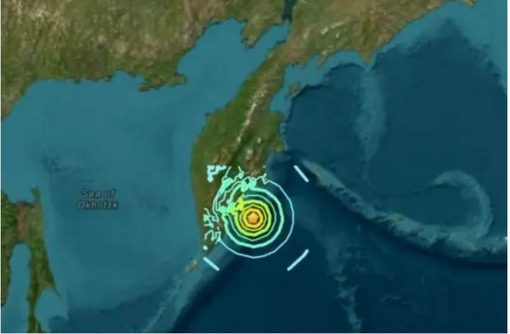 Tâm chấn của trận động đất ngoài khơi bờ biển Kamchatka, Nga. (Ảnh: Thesun)
