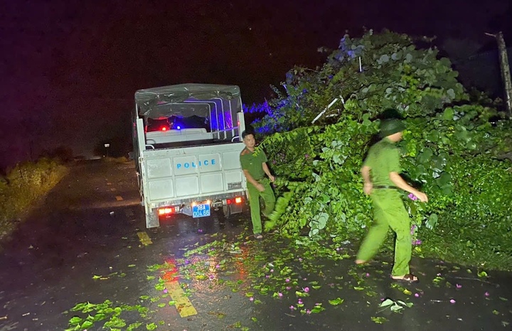 Lực lượng Công an Hà Tĩnh thực hiện thu dọn các cây bị dông lốc bị gãy đổ ngay trong đêm để đảm bảo an toàn giao thông. (Ảnh: Công an Hà Tĩnh)