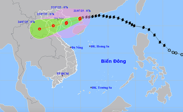 Dự báo trong sáng nay 21/7, bão số 3 Wipha sẽ đi vào vịnh Bắc Bộ.