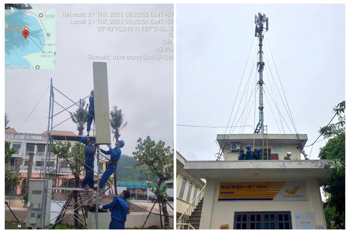 Le personnel technique de VNPT à Hung Yen renforce la station de radiodiffusion de la commune de Nam Cuong (Photo : VNPT)