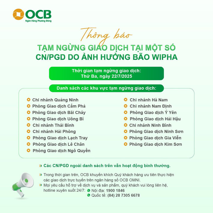 Thông báo tạm ngừng giao dịch trong ngày 22/7 tại một số địa điểm của OCB.