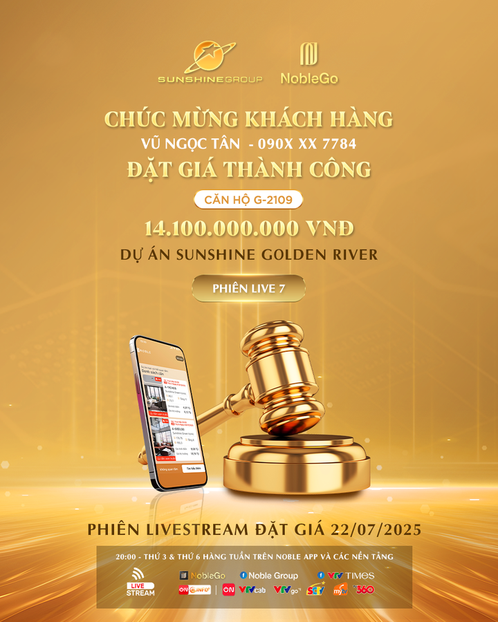 Duy nhất trong phiên livestream ngày 22/7, khách hàng Vũ Ngọc Tân đã chốt thành công căn G2109 với giá 14,1 tỷ đồng.