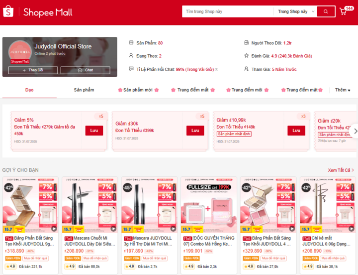 Shopee Mall Judydoll nhận về nhiều lượt đánh giá tích cực.