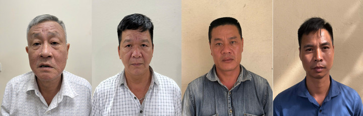 Từ trái sang, các bị can gồm: Nguyễn Mạnh Thuyên, Vũ Văn Tuyển, Phạm Anh Tuấn và Lê Hữu Mạnh.