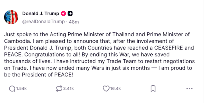 Bài đăng của Tổng thống Donald Trump trên nền tảng Truth Social.