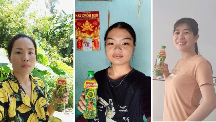 Em Nguyễn Thị Ngọc Trân (đứng giữa) cùng các khách hàng may mắn trúng giải Nhì là voucher trị giá 20 triệu đồng từ Trà Xanh Không Độ.