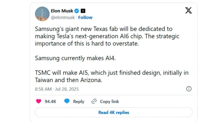 Bài đăng của tỷ phú Elon Musk về việc hợp tác với Samsung trong sản xuất chip AI6 trên mạng xã hội X. (Ảnh chụp màn hình)