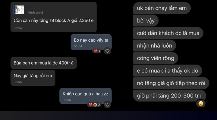 Nhiều môi giới báo căn hộ tăng 200 - 400 triệu đồng trong vài tháng. (Ảnh chụp màn hình)