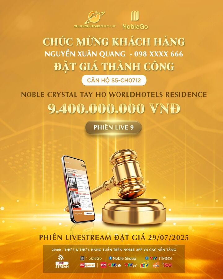 Khách hàng Nguyễn Xuân Quang trở thành chủ nhân của căn hộ S5-CH0712 với mức đặt giá 9,4 tỷ đồng trong phiên livestream tối ngày 29/7.