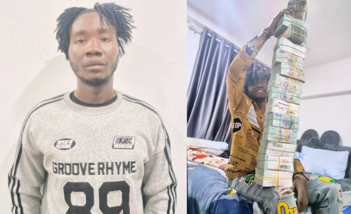 Hình ảnh đối tượng Eneh Davidson Caleb với "núi tiền" thu được từ hoạt động phạm tội.