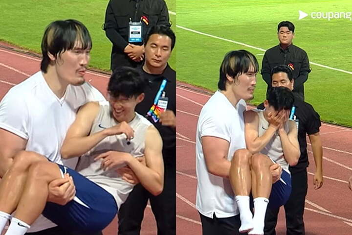 Son Heung-min che mặt khi được Choi Hong-man bế lên