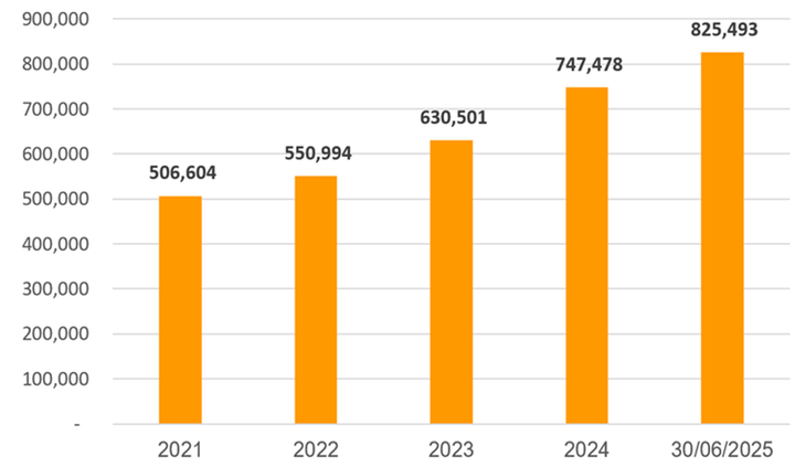 Tăng trưởng tổng tài sản của SHB qua các năm. (đơn vị: tỷ đồng)