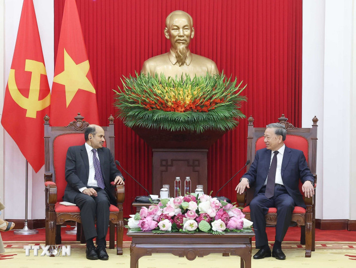 Tổng Bí thư Tô Lâm tiếp Đại sứ Ấn Độ tại Việt Nam Sandeep Arya. (Ảnh: TTXVN)