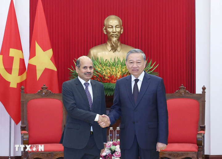 Tổng Bí thư Tô Lâm tiếp Đại sứ Ấn Độ tại Việt Nam Sandeep Arya. (Ảnh: TTXVN)