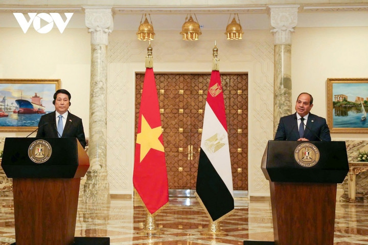 Tổng thống Ai Cập Abdel Fattah Al-Sisi và Chủ tịch nước Lương Cường tại họp báo.