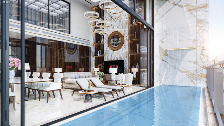 Căn hộ 3 phòng ngủ, sở hữu bể bơi, sân vườn riêng cùng tiêu chuẩn bàn giao hàng hiệu.