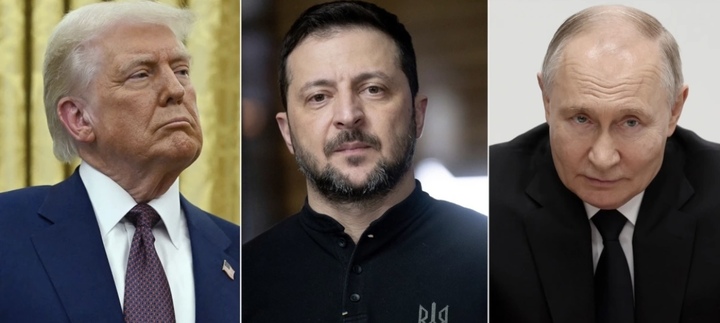 Từ trái sang,Tổng thống Mỹ Donald Trump, Tổng thống Ukraine Volodymyr Zelensky và Tổng thống Nga Vladimir Putin. (Ảnh: ABC)