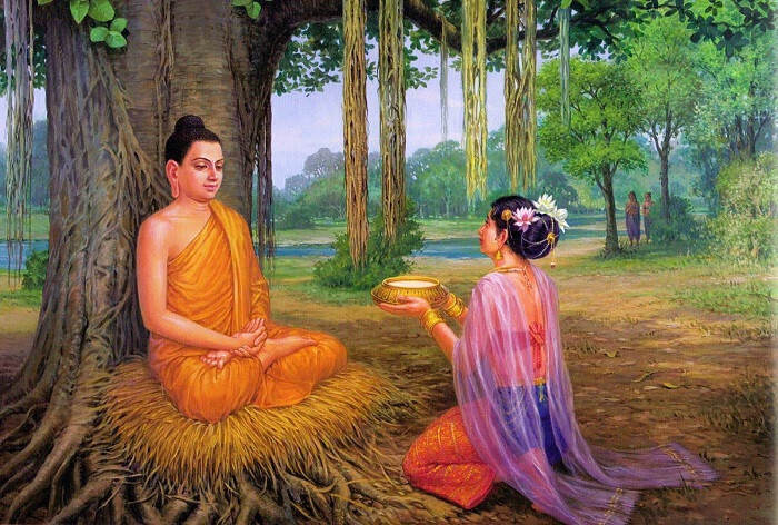 Đức Phật nhận bát cháo sữa từ tay thôn nữ Sujata. (Ảnh: Phatgiao.org)