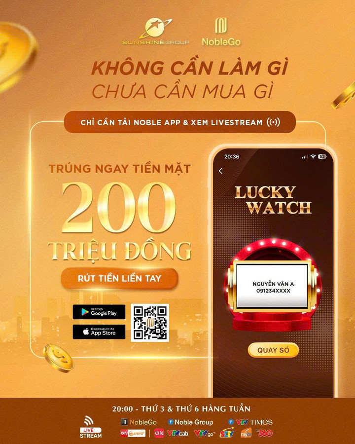 Chuỗi giải thưởng 200 triệu tiền mặt sẽ tiếp tục bùng nổ trong các phiên livestream NobleGo sắp tới, với cơ chế quay số ngẫu nhiên 100%, đảm bảo công bằng tuyệt đối.