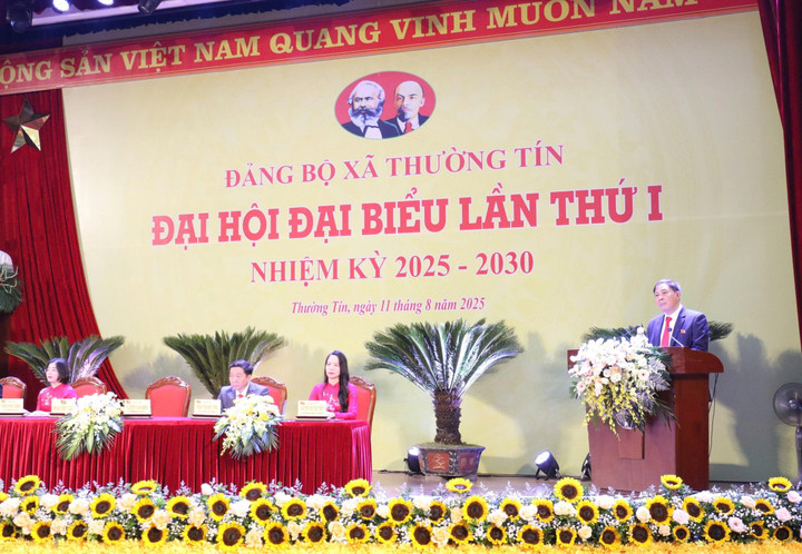 Ông Nguyễn Xuân Minh, Bí thư Đảng uỷ xã Thường Tín, phát biểu tại Đại hội.