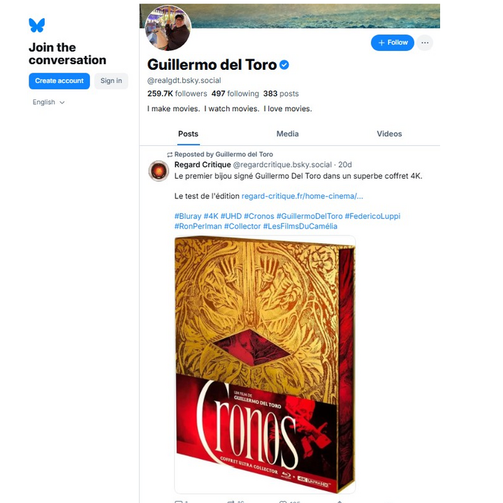 Đạo diễn nổi tiếng Guillermo del Toro và tài khoản của ông trên Bluesky. (Nguồn: Bluesky)