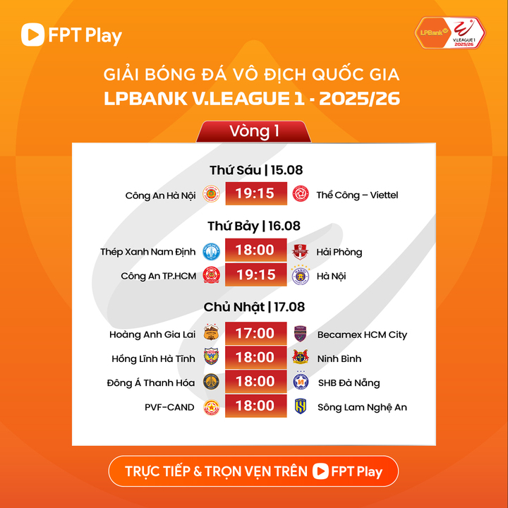 Lịch thi đấu vòng 1 V.League 2025-2026.