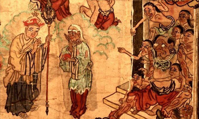 Tôn giả Mục Kiền Liên dâng cơm cho mẹ dưới hỏa ngục. (Tranh minh họa: People Reed)