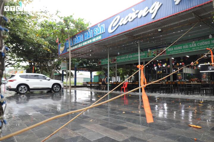 Các nhà hàng ven biển Cửa Lò (Nghệ An) chủ động chằng chéo hàng quán vào các cây lớn để gia cố, bảo vệ tài sản trước lúc bão số 5 đổ bộ. (Ảnh: Lê Hùng)