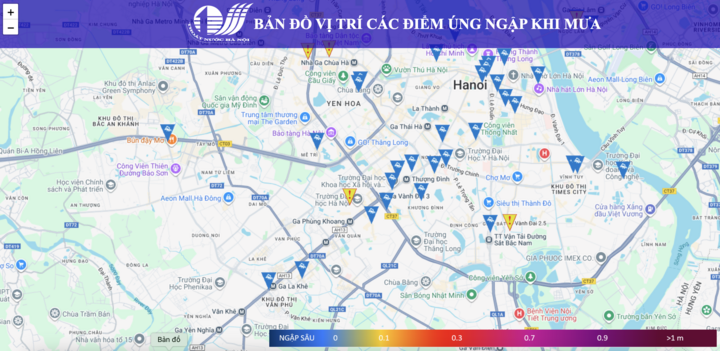 Bản đồ các điểm còn ngập úng trên địa bàn Hà Nội tính đến 14h ngày 26/8.