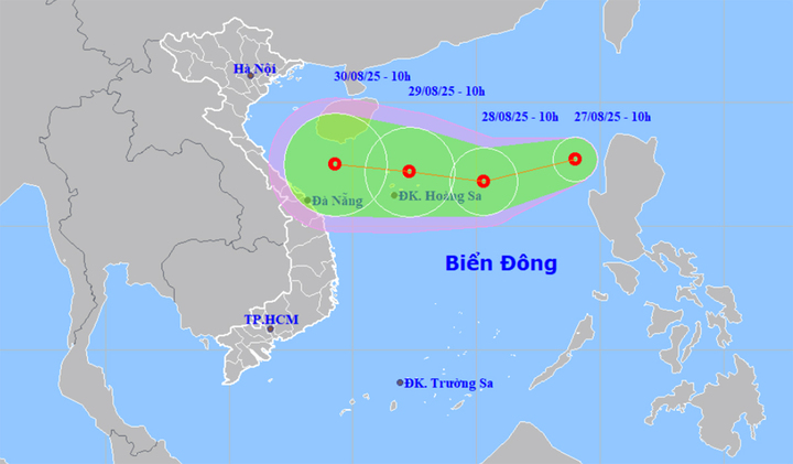 Dự báo đường đi, khu vực ảnh hưởng của áp thấp nhiệt đới. (Nguồn: NCHMF)