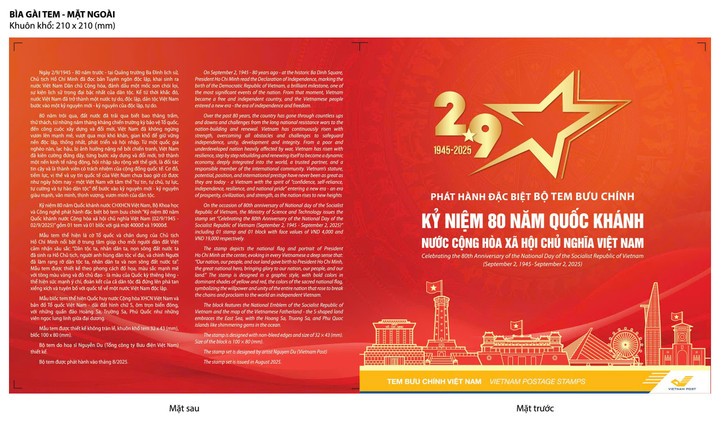 Bìa gài tem A5 Quốc khánh với gam màu đỏ - vàng - trắng, hứa hẹn là sản phẩm vừa mang giá trị sưu tầm, vừa là vật phẩm lưu niệm, quà tặng độc đáo cho các cơ quan, trường học, tổ chức và người dân trong dịp Lễ trọng đại của dân tộc.