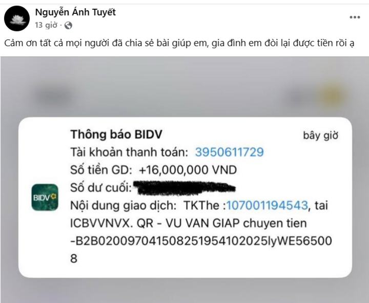 Biên lai tài xế chuyển trả lại 15 triệu đồng và thêm 1 triệu đồng tiền thắp hương cho ông Tuyên.