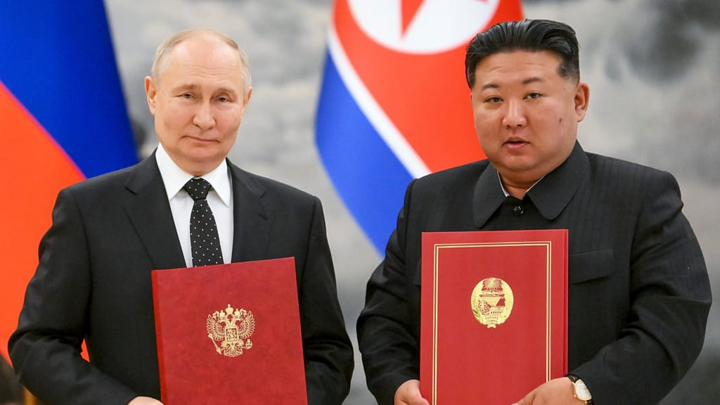 Tổng thống Vladimir Putin của Nga và lãnh đạo Kim Jong Un. (Ảnh: Sputnik)