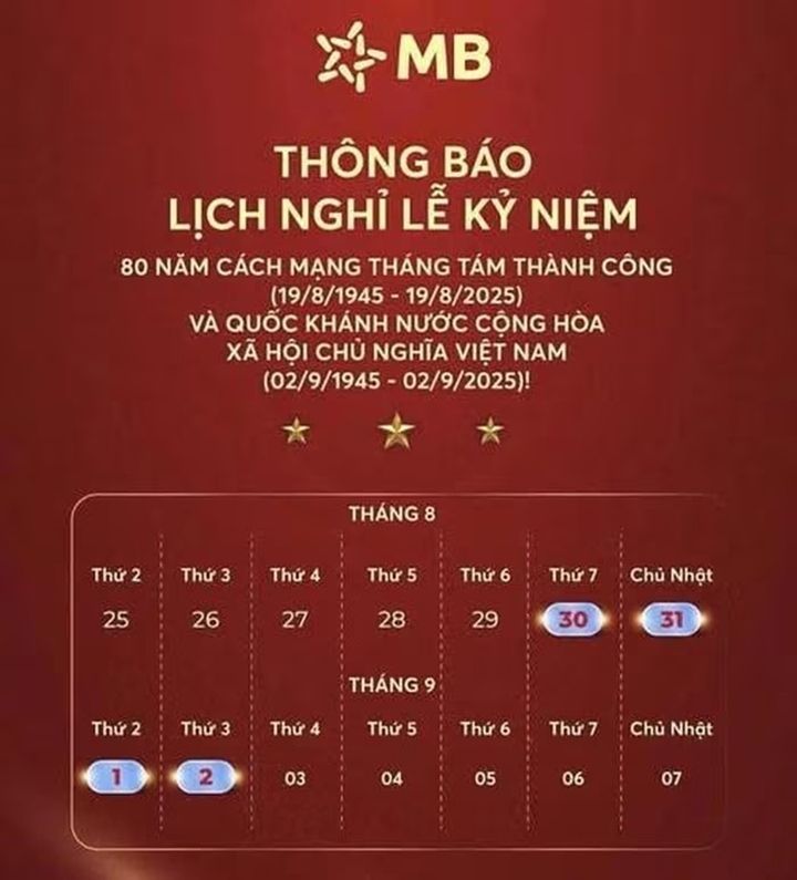 MB의 국경일 휴일 일정은 9월 2일입니다.