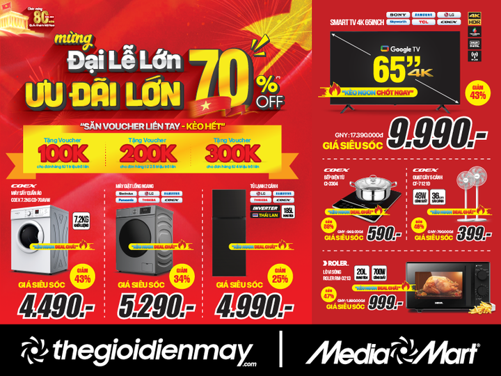 Siêu thị điện máy MediaMart ưu đãi lớn giảm đến 70% mừng Đại lễ 2/9 - 2