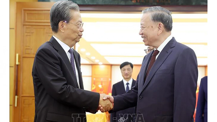 ​Tổng Bí thư Tô Lâm tiếp Ủy viên trưởng Nhân đại toàn quốc Trung Quốc Triệu Lạc Tế. (Ảnh: Thống Nhất/TTXVN)