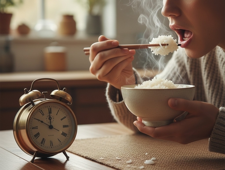 Ăn sáng đúng giờ với cơm nóng mới nấu giúp tăng năng lượng, cải thiện trí nhớ, giảm nguy cơ bệnh dạ dày và thiếu dưỡng chất.