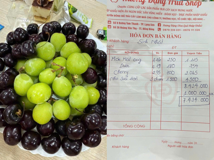 3 chùm nho giá 4,5 triệu đồng và hóa đơn hoa quả gần 8,5 triệu đồng do khách hàng mua ở cửa hàng Hương Đặng. (Ảnh: NVCC)