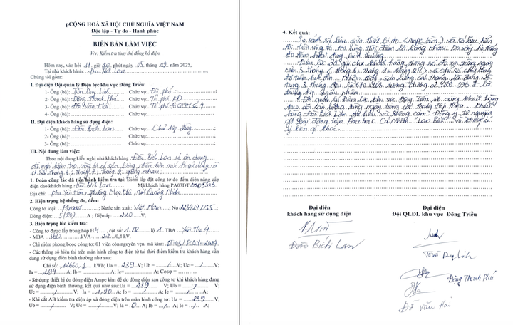 Biên bản làm việc giữa khách hàng và Đội quản lý Điện lực khu vực Đông Triều (PC Quảng Ninh).