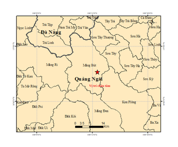 Bản đồ tâm chấn trận động đất thứ 5 có độ lớn 3.6 xảy ra tại xã Măng Bút (tỉnh Gia Lai). (Ảnh: Trung tâm Báo tin Động đất và Cảnh báo Sóng thần)