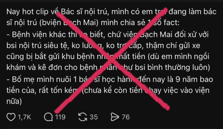 Thông tin sai sự thật về chế độ chính sách của bác sĩ nội trú trong thời gian học tập và làm việc tại Bệnh viện Bạch Mai.