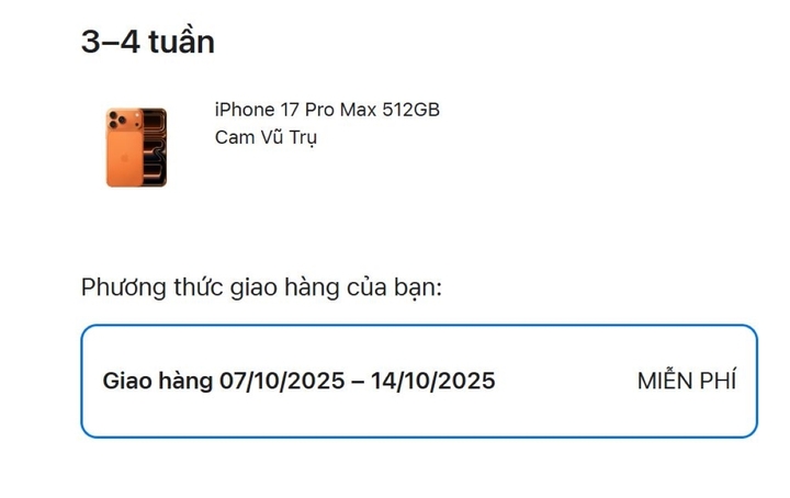 Thời gian giao hàng iPhone 17 Pro Max dự kiến trên trang web của Apple. (Ảnh chụp màn hình)