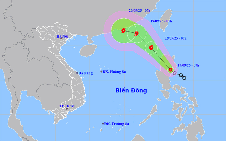 Bản đồ dự báo đường đi, khu vực ảnh hưởng của áp thấp nhiệt đới. (Nguồn: NCHMF)