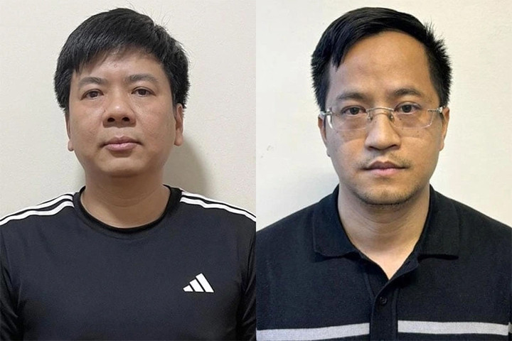 Bị can Nguyễn Ngọc Thủy (tức "Shark Thủy", Chủ tịch Công ty cổ phần tập đoàn giáo dục EGroup, ảnh trái) và Đặng Văn Hiển (Trưởng ban quan hệ cổ đông Công ty EGame) .(Ảnh: Bộ Công an)